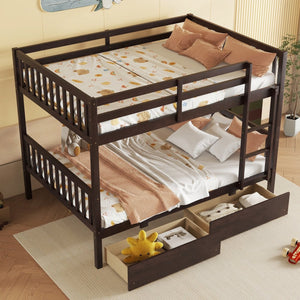 English Elm Full Full Over Full Rubber Wood Bunk Bed With 2 Storage Drawers, Convertible Into 2 Separate Beds, Espresso W504S00196