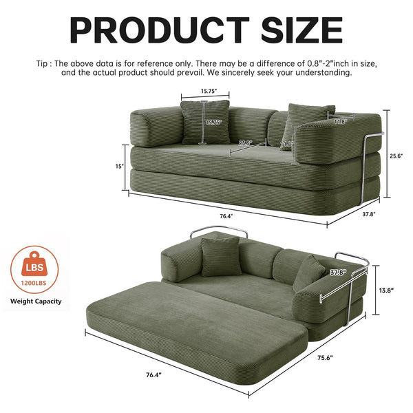 English Elm Floor Sofa Bed Modular Corduroy Convertible Lounge with Steel Frame for Living Room Antique Green W3565P397194