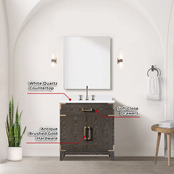 English Elm Brown Oak Single Bath Vanity Set With White Quartz Top, Mirror & Faucet - Elegant Bathroom Upgrade B2731S02003
