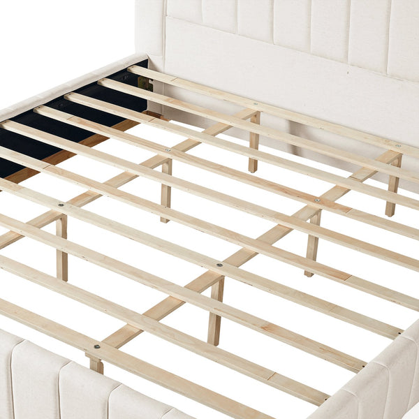 English Elm Modern, Beige Upholstered King Platform Bed Quilted Fabric Headboard Rubberwood Frame N769K360701A