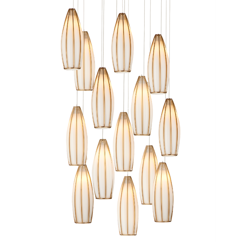 Parish 15-Light Round Multi-Drop Pendant - Artisan Crafted White Glass in Antique Brass Finish