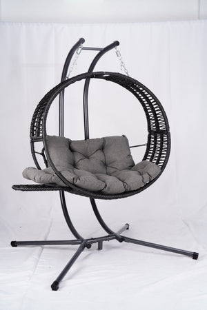 English Elm Double Hanging Egg Chair with Stand, Oversized 2-Person Rattan Swing, Convertible Recline, 700lb Capacity W2500P288856