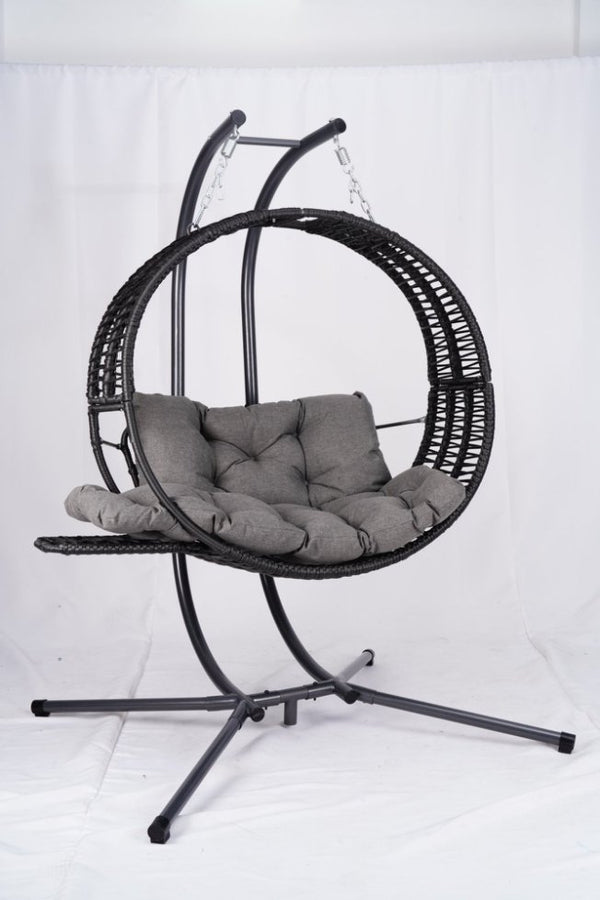 English Elm Double Hanging Egg Chair with Stand, Oversized 2-Person Rattan Swing, Convertible Recline, 700lb Capacity W2500P288856