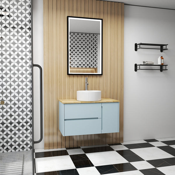English Elm 36-Inch Wall-Mounted Bathroom Vanity With Blue Cabinet, Natural Wood Top & Round Ceramic Sink Design W3151S00011