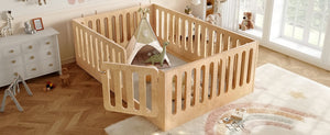 English Elm Twin Solid Pine Montessori Floor Bed with House Frame Door and Safety Fence Natural W5305P420636