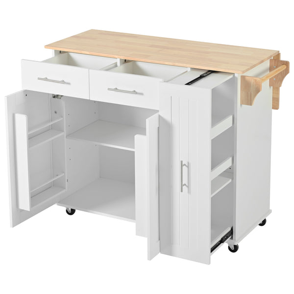 English Elm K&K Kitchen Island with Drop Leaf, Rolling Storage Cart with 3-Tier Pull-Out Organizer, Durable Wood Countertop White WF531421AAW