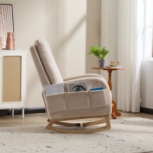 English Elm Modern Upholstered Glider Rocker with Teddy Fabric High Back and Rubberwood Base Beige W3723P409075