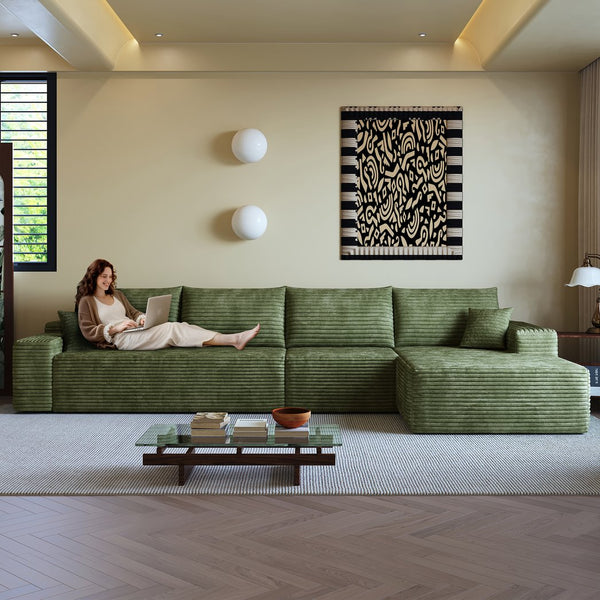 English Elm 135" Cloud Sectional Couch – L-Shape Modular Sofa With Deep Seating, Plush Corduroy In Elegant Green W2824S00126
