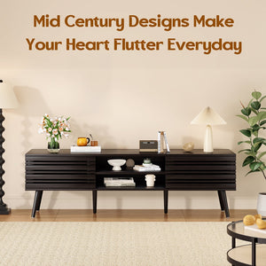 English Elm Mid Century Modern Fluted Wood Media Console with Storage Cabinets for Living Room Dark Walnut T3623P435375