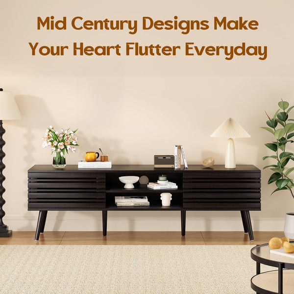 English Elm Mid Century Modern Fluted Wood Media Console with Storage Cabinets for Living Room Dark Walnut T3623P435375