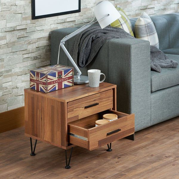 English Elm Deoss Walnut Finish Accent Table with 2 Drawers, Chrome V-Legs, Rectangular Nightstand, 18"x15" Top, 40lb Capacity B2726P278235
