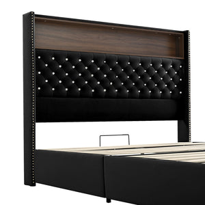 English Elm Queen Velvet Tufted Wingback Platform Bed Tall Headboard with Usb Charging Shelf Black N733P367135B