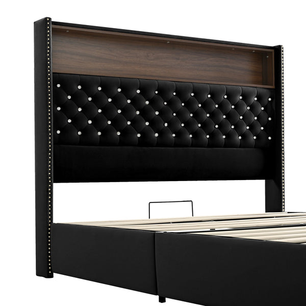 English Elm Queen Velvet Tufted Wingback Platform Bed Tall Headboard with Usb Charging Shelf Black N733P367135B