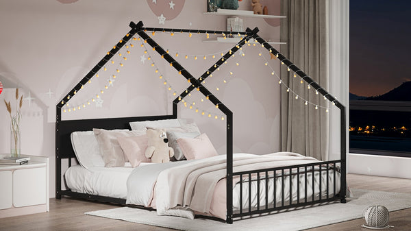 English Elm Full Size Metal House Bed with Led Lights and Slats for Kids Room Decor W1820P385330