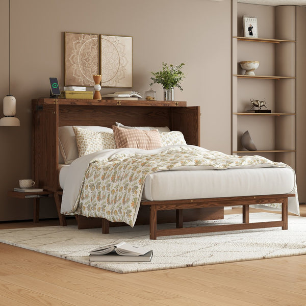 English Elm Queen Murphy Cabinet Bed Solid Pine Build with Usb Charging and Fold Out Desktop Walnut W504S00169