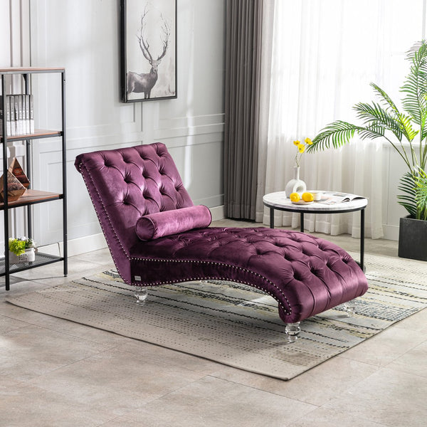English Elm Velvet Curved Chaise Lounge Sofa with Button-Tufted Upholstery, Foam Seat, Acrylic Legs, Stylish Relaxation Purple W39538679