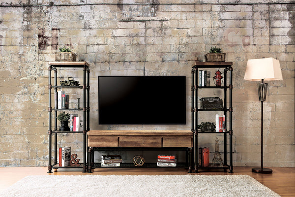 English Elm Industrial 60" TV Console with Pipe Frame, Wire Mesh Shelves, Drawer & Rustic Wood Storage Finish B2741S00473