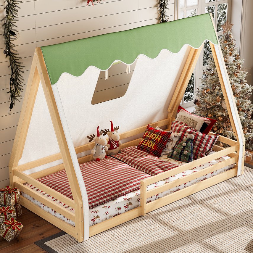 English Elm Twin Montessori Floor Bed Solid Pine Teepee Frame with Guardrails and Canopy Light W1580P369466