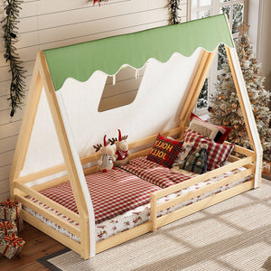 English Elm Twin Montessori Floor Bed Solid Pine Teepee Frame with Guardrails and Canopy Light W1580P369466