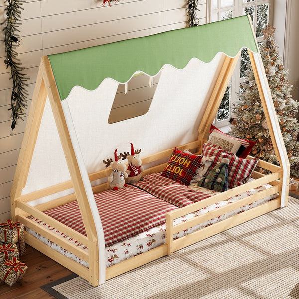 English Elm Twin Montessori Floor Bed Solid Pine Teepee Frame with Guardrails and Canopy Light W1580P369466