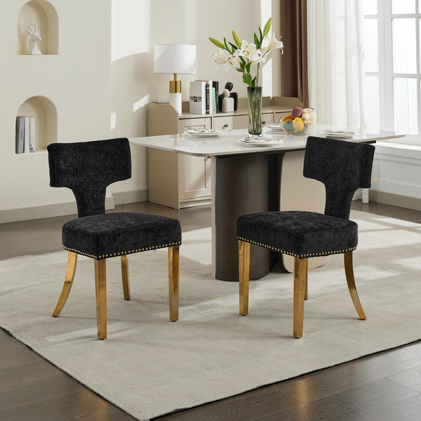 English Elm Mid Mid Century Modern Dining Chair Set with Curved Copper-Nail Backrest, High-Density Foam Seat, Brushed Stainless Legs Black W1143P314903
