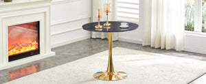 English Elm Round Faux Marble Tulip Pedestal Dining Table Mid Century Modern for Small Bistro Spaces Gold,Gray W2920P405351
