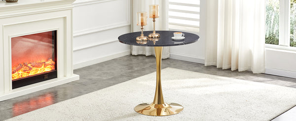 English Elm Round Faux Marble Tulip Pedestal Dining Table Mid Century Modern for Small Bistro Spaces Gold,Gray W2920P405351