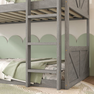 English Elm Twin Twin over Twin Floor Bunk Bed with Rustic Panel Headboards, Solid Rubberwood Frame, Space-Saving Design Antique White W504P263832