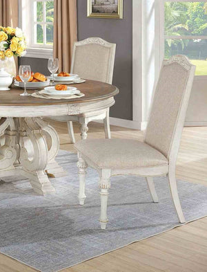 English Elm Elegant Round Pedestal Dining Set Carved Wood Table with Four Upholstered Side Chairs Antique White,Ivory B2741S00890