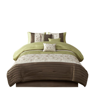 English Elm Embroidered 7-Piece King Comforter Set In Green, Chocolate & Taupe - Luxurious Floral Design & Pillows B03597124