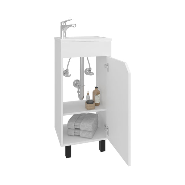 English Elm Bethel Narrow 15.7" One-Door Freestanding Vanity with Resin Sink, White MDF, Space-Saving Bathroom Storage B200P335371