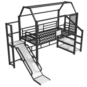 English Elm Twin House Loft Bed with Slide and Stairs, Metal Playhouse with Storage Shelves and Quiet Design Black W1580S00348