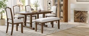 English Elm 6-piece Extendable Wood Dining Set with Linen Upholstered Chairs Bench Seats Eight Beige+Brown N752S000097D