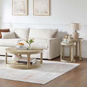 English Elm (1 Coffee Table+1 Side Table) Two-piece Pine Wood Round Set with Wheels Rustic Living Room Oak W2582S00195