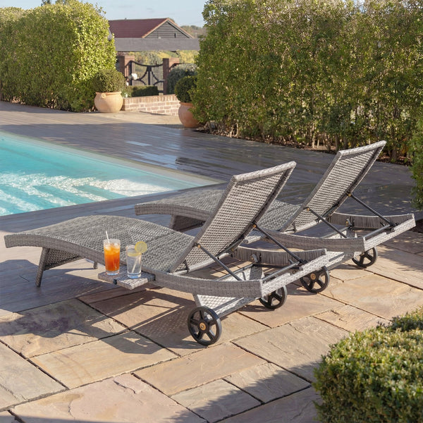 English Elm K&k Outdoor Wicker Reclining Chaise Set 2 Piece with Pull Out Tray Rolling Wheels Grey N707P395515E