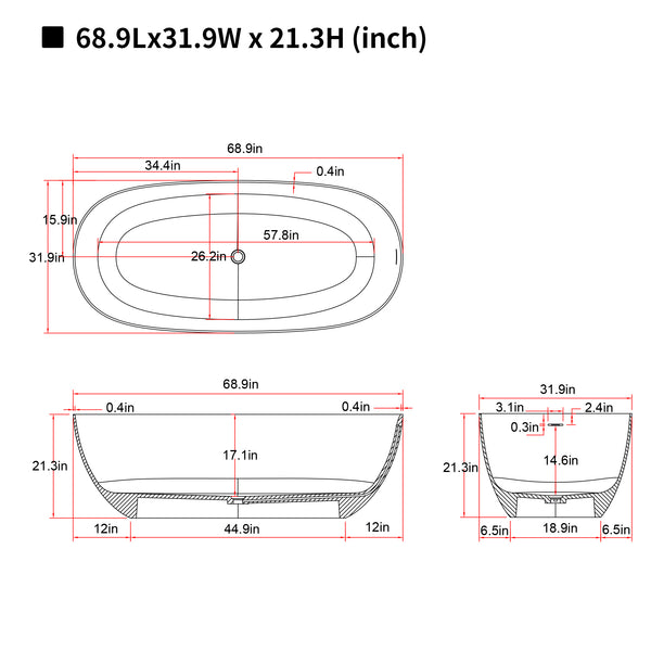English Elm 69'' Solid Stone Resin Freestanding Soaking Tub with Heat Retention and Pop-up Drain W2753P416663