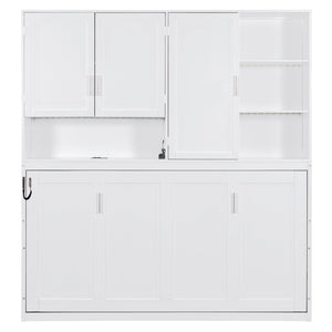 English Elm Twin Murphy Bed with Cabinet Shelves Built in Lighting Usb Ports Space Saving Wall Unit White LP000389AAK-1