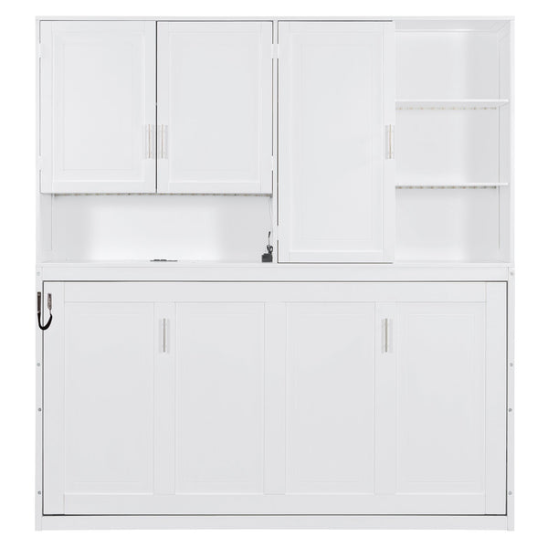 English Elm Twin Murphy Bed with Cabinet Shelves Built in Lighting Usb Ports Space Saving Wall Unit White LP000389AAK-1