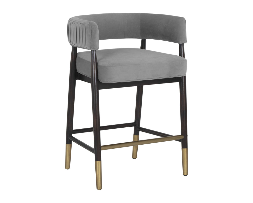 Sunpan Callem Counter Stool - Elegant Barrel Back in Charcoal Fabric with Stylish Birchwood Frame & Gold Caps