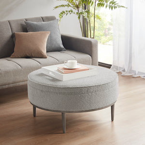 Madison Park Harriet Transitional Upholstered Round Cocktail Ottoman with Metal Base 34" Dia MP101-1214 Grey