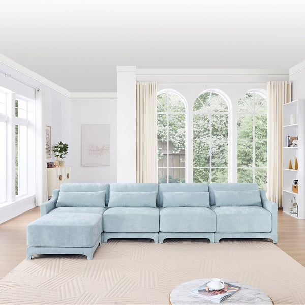English Elm Four-Seater Sofa Set With Movable Ottoman, Ergonomic Chenille Design, Sky Blue For Stylish Living Spaces W714S01211