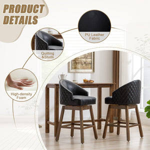 English Elm United We Win Quilted Microsuede Swivel Barstool with Wood Legs and Gold Rivet Trim Black W1568P361703