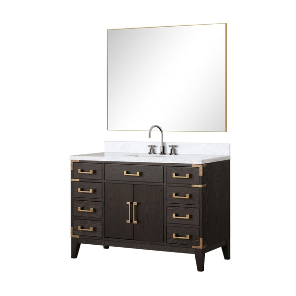 English Elm Brown Oak 48 in Single Bath Vanity with Polished Carrara Marble Top, Chrome Faucet & 46 in Mirror B2731S02014