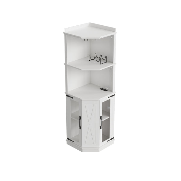 English Elm 67.3" Farmhouse Corner Bar Cabinet Led Lit Wine Storage with Built-in Power Outlets N735P361423K