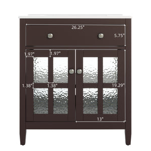 English Elm Christopher Knight Home® - 30" Bathroom Vanity with Ceramic Sink, Solid Wood Legs, Adjustable Shelf, Tip-Out Tray, Soft-Close Hinges, Silver Knobs, Moisture-Resistant Finish Dark Brown N817P286250D