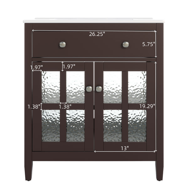 English Elm Christopher Knight Home® - 30" Bathroom Vanity with Ceramic Sink, Solid Wood Legs, Adjustable Shelf, Tip-Out Tray, Soft-Close Hinges, Silver Knobs, Moisture-Resistant Finish Dark Brown N817P286250D