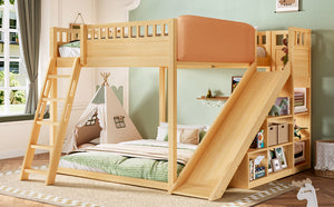English Elm Queen Loft Bed with Upholstered Headboard Built-in Slide and Open Storage Shelves Natural W1580S00641