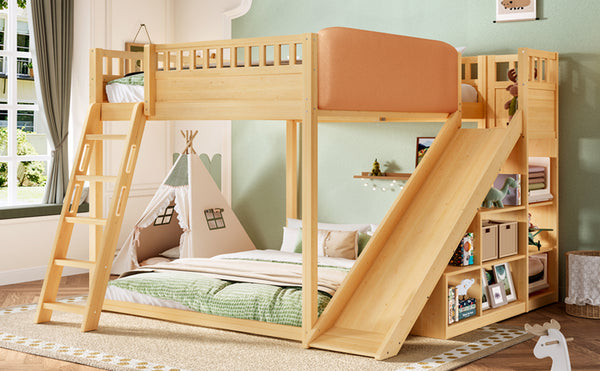 English Elm Queen Loft Bed with Upholstered Headboard Built-in Slide and Open Storage Shelves Natural W1580S00308