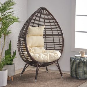 English Elm Christopher Knight Home® - CUTTER Teardrop Wicker Patio Chair with Water‑Resistant Beige Cushion, Metal Resin Frame, Plush Comfort 55787.00MBRN