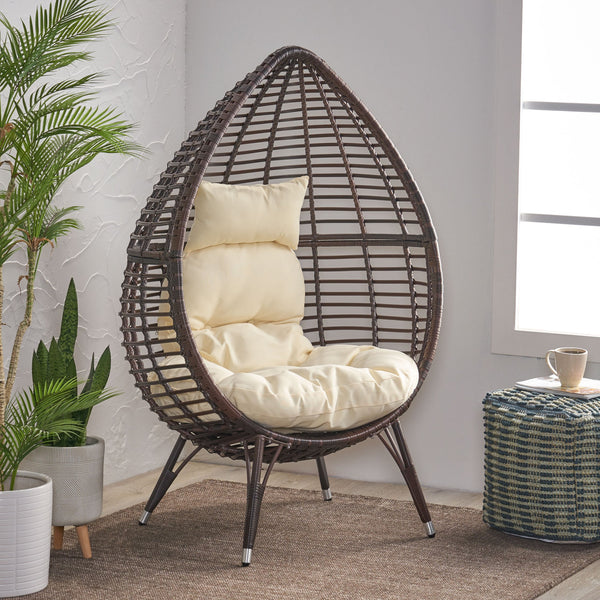 English Elm Christopher Knight Home® - CUTTER Teardrop Wicker Patio Chair with Water‑Resistant Beige Cushion, Metal Resin Frame, Plush Comfort 55787.00MBRN